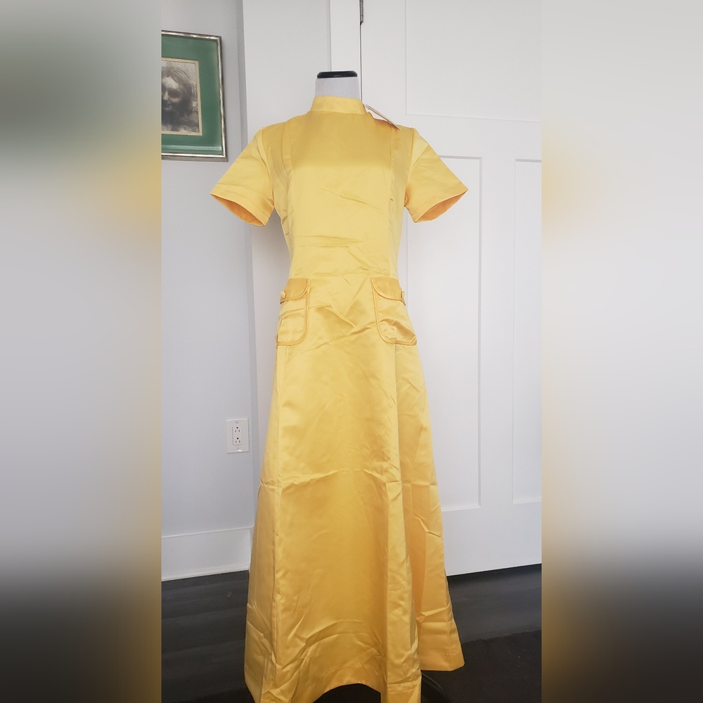 Maxi short sleeve pocket mod sunflower yellow retro vibe elegant dress - Picture 6 of 7